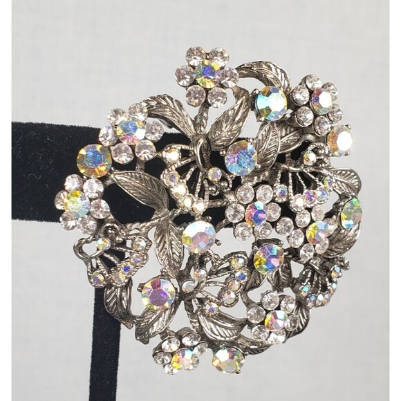 Vintage 1950's Flower Filigree AB Crystal Rhinestone Silver Tone 2" Brooch - Picture 9 of 14